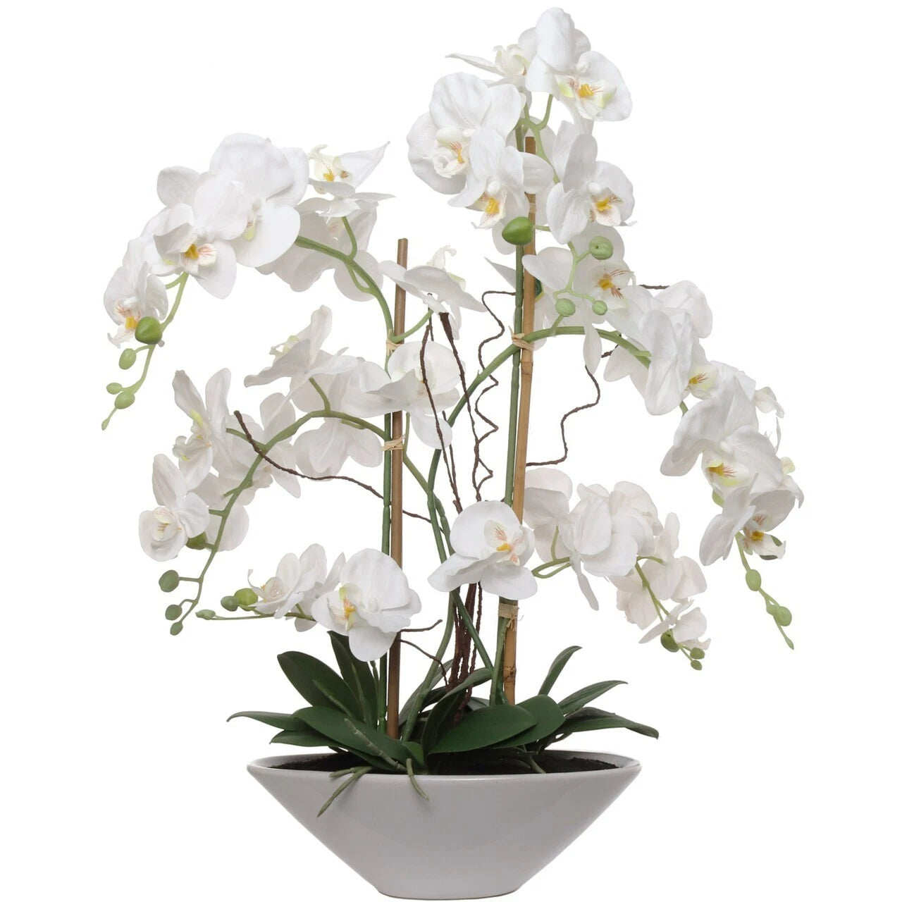 25" White Phalaenopsis Orchid in White Ceramic Boat Vase Realistic Silk Blooms